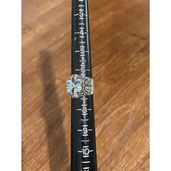 Silver 925 Blue Topaz/Marcasite Flower Ring - Picture 8 of 8